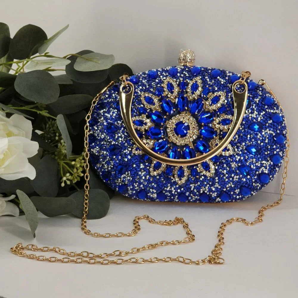 Blue Crystal Embellished Evening Clutch Bag Gold Handle & Chain Strap By RAMLA! - Picture 10 of 11